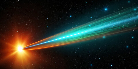 Obraz premium A brilliant comet streaks through space, leaving a colorful trail of light. The vibrant orange head contrasts with the blue and green tail against a backdrop of distant stars