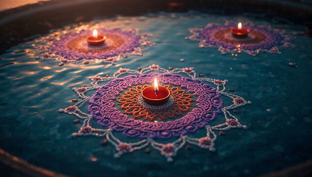 Floating lit clay lamps on water in round basin at dusk, casting flickering flames over rangoli - Powered by Adobe