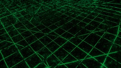 Extending neon green wireframe grid forming 3D plane in virtual space, with subtle specks