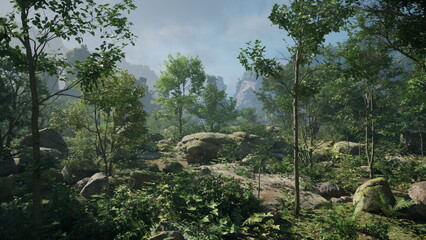 A serene forest scene showcases tall trees and lush undergrowth, with large rocks scattered throughout. Sunlight filters through the leaves, creating a peaceful atmosphere in nature.
