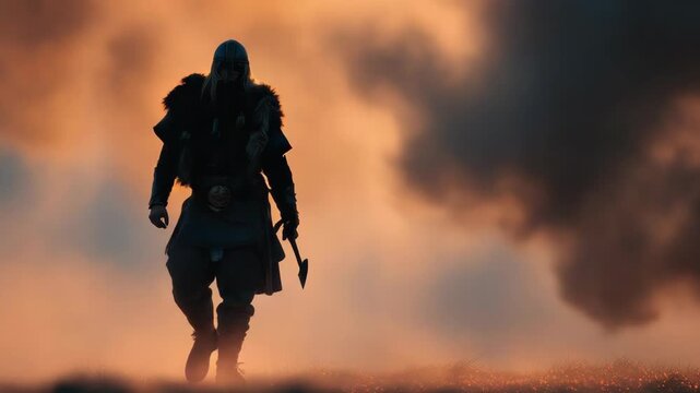 Mysterious Warrior Walking Through Fog at Dusk