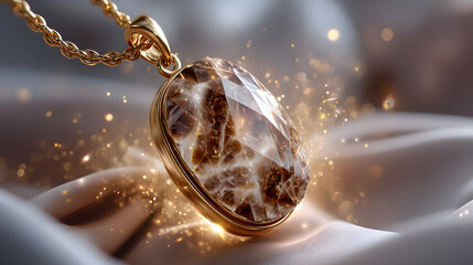 Obraz premium Elegant Gold Necklace with Stunning Gemstone on Soft Silk Background