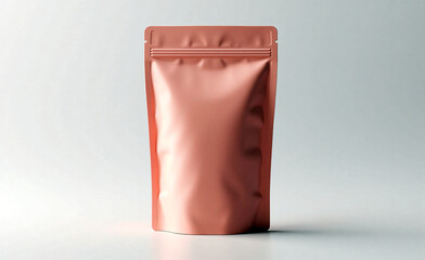 Copper colored stand-up pouch isolated on neutral background, minimal mockup for food or cosmetic packaging design.