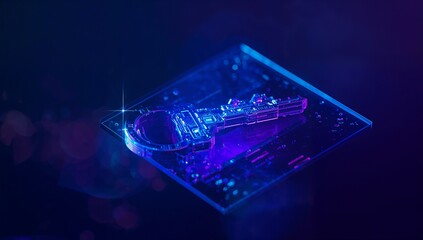 Displaying neon-lit digital key floating on transparent glass panel in dark cyber scene with bokeh