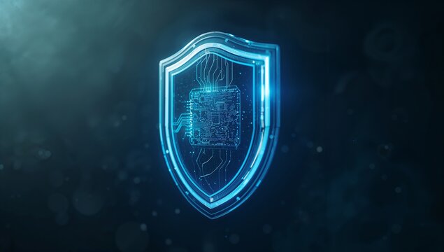 Floating neon-blue shield icon showing glowing circuitry on circuit board in interface, bokeh