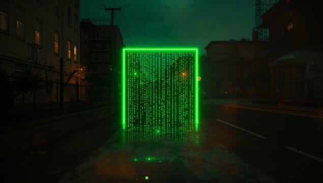 Glowing neon digital code cube standing on wet street with puddles at night under dim streetlights - Powered by Adobe