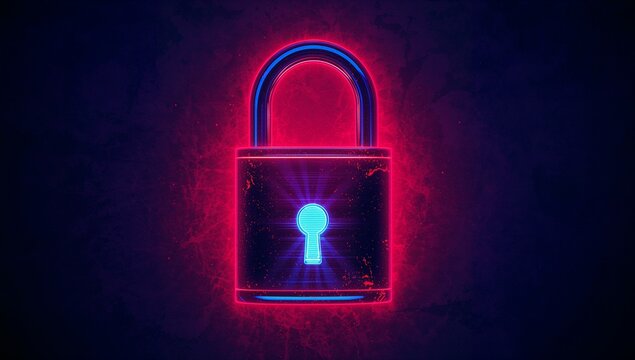 Floating neon padlock symbol glowing in cyberpunk backdrop, with illuminated keyhole and glow