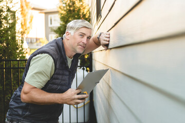 inspector or engineer is checking the building structure and house. After the renovate is complete