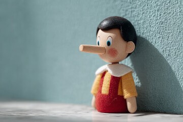 Wooden Pinocchio toy leaning against a blue wall.