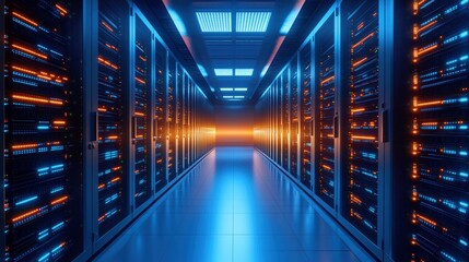 Obraz premium A futuristic server room with rows of illuminated racks, showcasing vibrant blue and orange lights, creating a high-tech atmosphere.