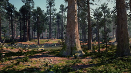 Sunlight filters through the tall trees, illuminating a tranquil forest scene. A clear pond reflects the greenery, while ferns and rocks add to the natural beauty.