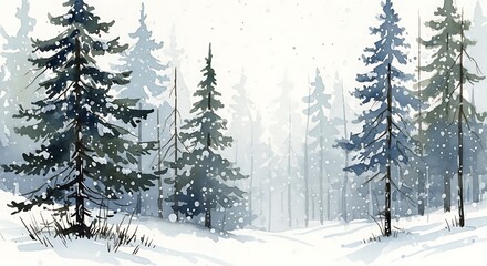 Winter Forest Watercolor - Serene Snowy Landscape with Evergreen Trees.