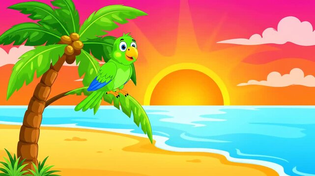 Cartoon parrot on palm tree beside ocean at sunset