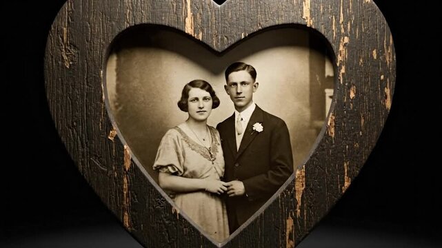 A vintage sepia photograph of a formally dressed couple is displayed in a rustic heart-shaped wooden frame.