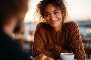 A woman smiling warmly over coffee in a cozy outdoor setting.
