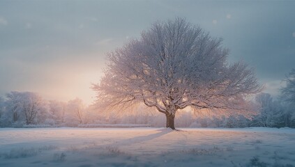 Glowing frost-coated tree standing in open snowy field at sunrise, with distant frosted trees