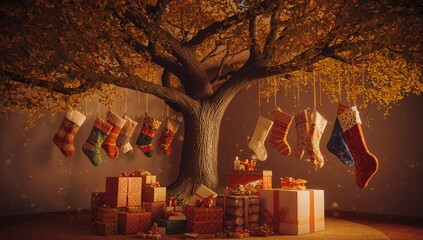 Deciduous tree showcasing yellow foliage in showroom, with hanging stockings, wrapped gift boxes