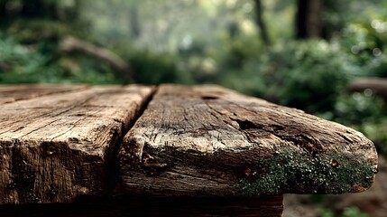 Fototapeta premium Rustic, photorealistic close-up of the edge of a weathered wooden table. The focus is on the rough texture and grain of the wood against a green forest.