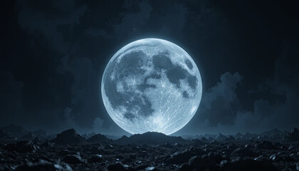 Fototapeta premium A full moon shines brightly over a rocky terrain during a clear night. The lunar glow highlights the rough details of the landscape, creating a serene and mystical atmosphere