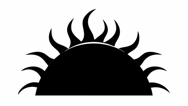 Stylized black sun rising or setting with flame like rays on a white plain background scene view