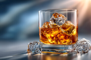 Crystal Glass with Ice and Golden Drink in Sparkling Light