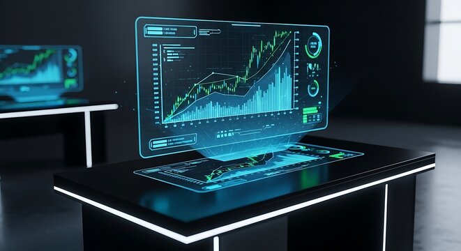 Futuristic holographic computer screen displaying financial stock market data