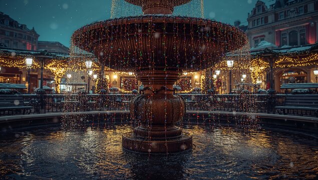Glistening fountain cascading water in cobblestone plaza with string lights and falling snow