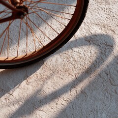 Bicycle wheel casting shadow on sunlit textured sandy surface.