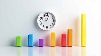 A creative concept of time and data, a large analog clock with black numbers and hands is overlaid on colorful 3D bar graphs.