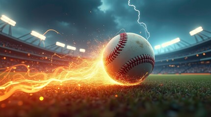 A dynamic action shot of a baseball flying at high speed through the air with fiery trails and electric sparks, surrounded by explosive energy and motion blur.