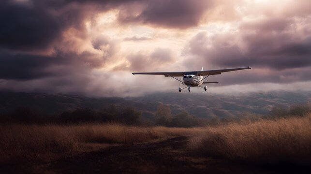 A small propeller airplane flies low over a dry grassy rural landscape under a dramatic cloudy sky at dusk