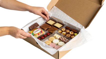 Unwrapping the delightful English assortment box cut out on PNG. AI GENERATED.