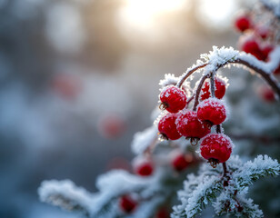 Vibrant red berries covered in white frost and snow cling to a branch, highlighted by warm sunlight against a cool, dreamy winter background.