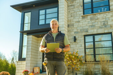 man holding a clipboard in front of inspect house