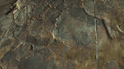Cracks spread across the surface, exposing a rich tapestry of color and texture. The scene invites exploration into layers of age and wear, capturing the beauty of neglect and time.