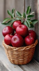 Rustic Basket of Freshly Harvested Red Apples With Water Droplets and Green Leaves Against Weathered Wood Background in Natural Light