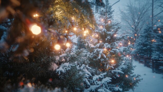 Glistening evergreen branches glowing with warm white lights along snowy pathway, wooden fence - Powered by Adobe