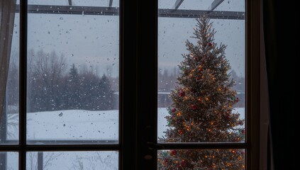 Framing decorated evergreen Christmas tree glowing outside glass door with snowflakes, copy space
