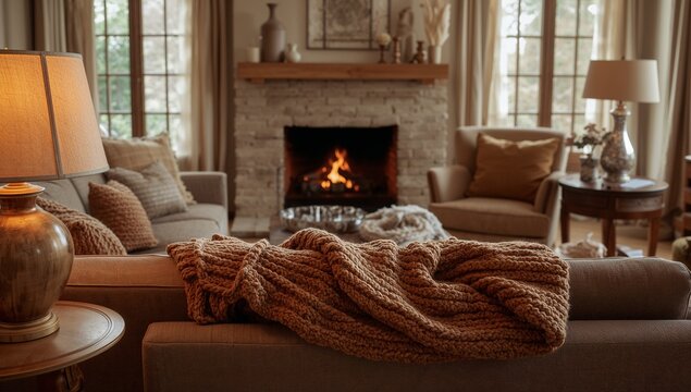 Draping chunky knit throw blanket over sofa in living room, with flickering stone fireplace