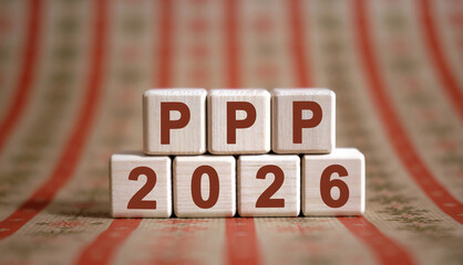 Numbers 2026 and text PPP on cubes on a ornament background