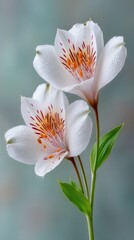 Fototapeta premium Close Up Of Two Delicate White Lily Blossoms With Orange Centers Covered In Dew Drops With Green Stems And Leaves Soft Blue Background Macro Detail