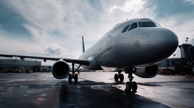 A modern commercial airplane sits parked on a wet airport tar under a cloudy sky