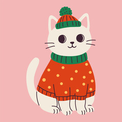 Cozy holiday cat in knitted sweater and hat flat design