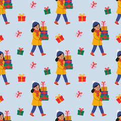 Cute holiday gift-giving pattern with girl in winter coat and presents