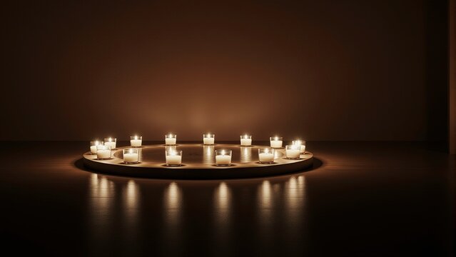  A minimalistic scene featuring a circular wooden platform with evenly spaced lit tea light candles arranged in a circle. The setting is indoors with a warm, moody, and ambient lighting atmosphere.