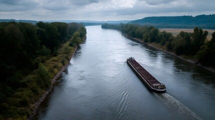 A long cargo barge navigates a wide flowing river lined with lush green trees under an overcast sky