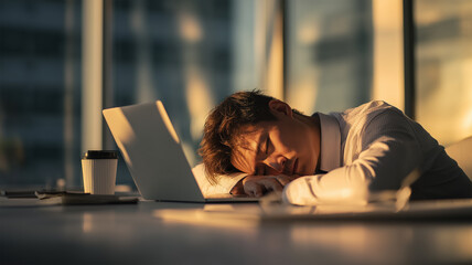 午後のデスクで居眠りする日本人会社員の光景
