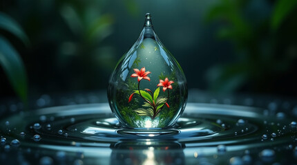 A mesmerizing closeup of a water droplet, revealing a miniature garden within, showcasing the beauty of natures artistry and the delicate balance of life and ecosystem