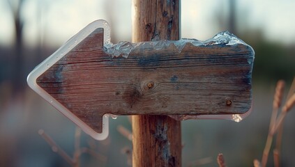 Displaying arrow-shaped wooden sign on wooden post pointing left in woods with frost and ice shards