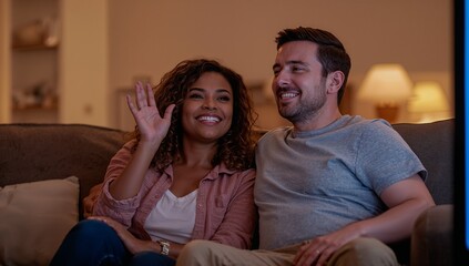 Greeting couple waving at screen while sitting on dark fabric sofa in living room, with lamp